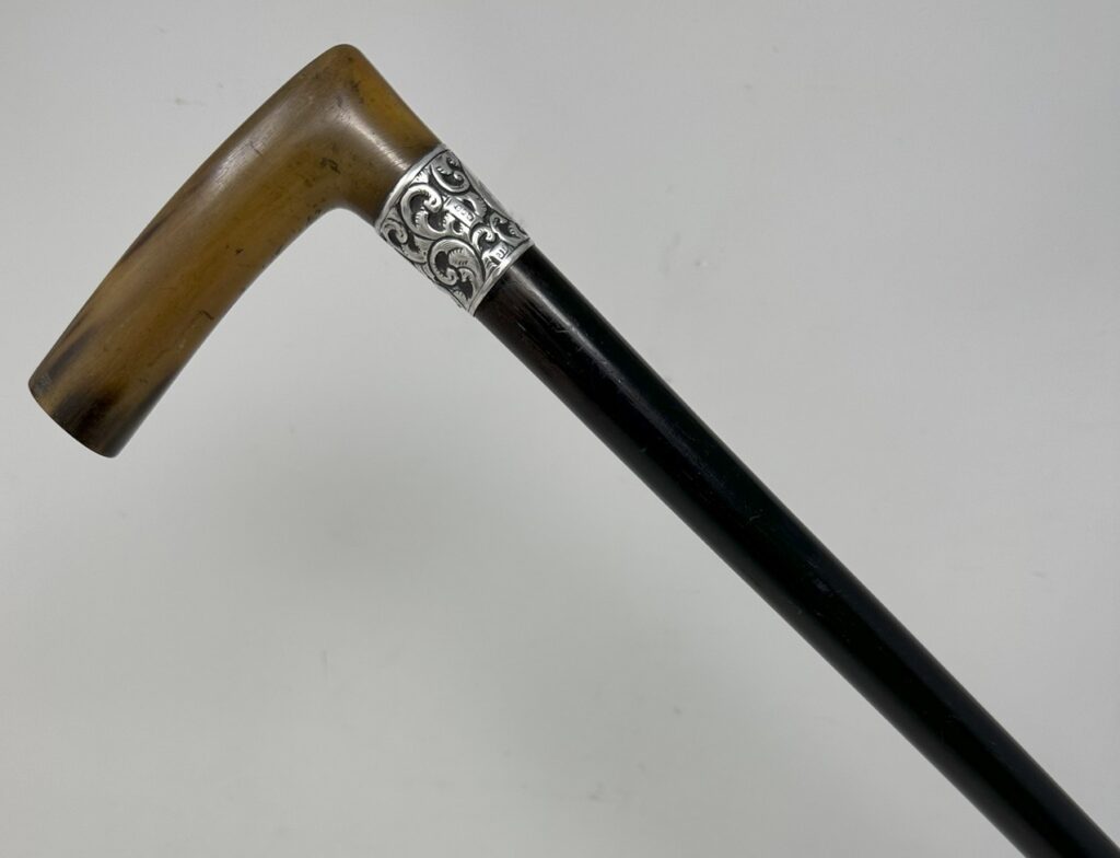 261. Antique Vintage Walking Stick Cane Wooden Sterling Silver Cow Horn Handle 1889
