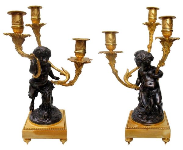 396. Pair of French Gilt Bronze Ormolu Sienna Marble Candelabra Clodion Grand Tour