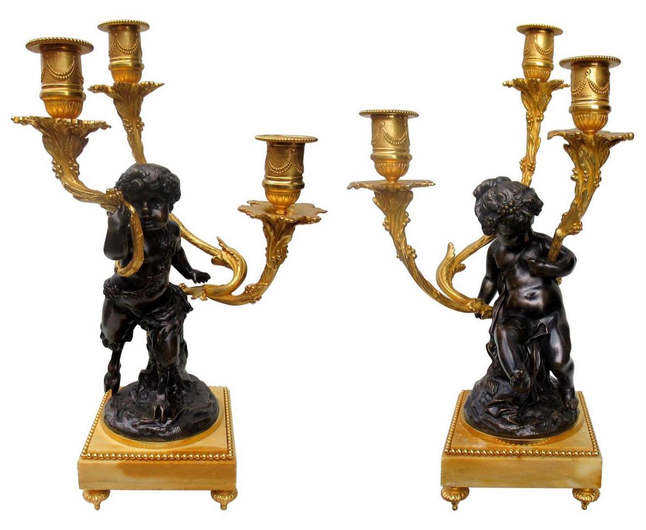 396. Pair of French Gilt Bronze Ormolu Sienna Marble Candelabra Clodion Grand Tour