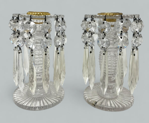 932. ntique Pair poss Irish Crystal Hand Cut Lead Lustres Vases Candlesticks Ireland