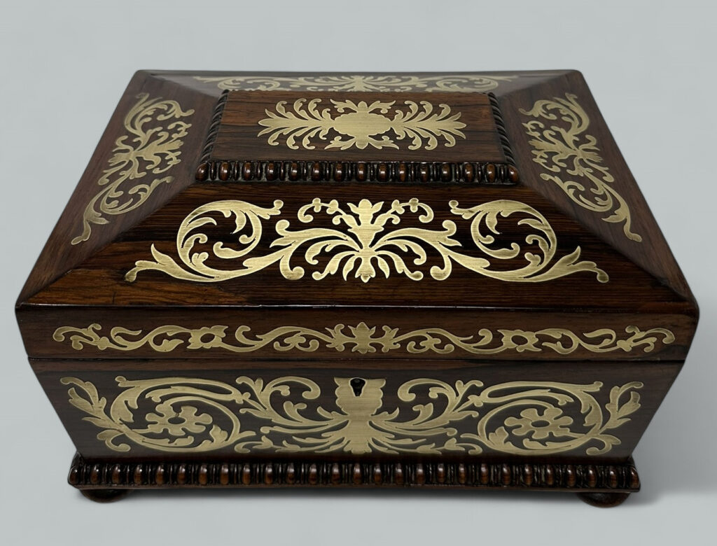 104. Antique Brass Inlaid Rosewood English Jewelry Sewing Casket Gillows Lancaster