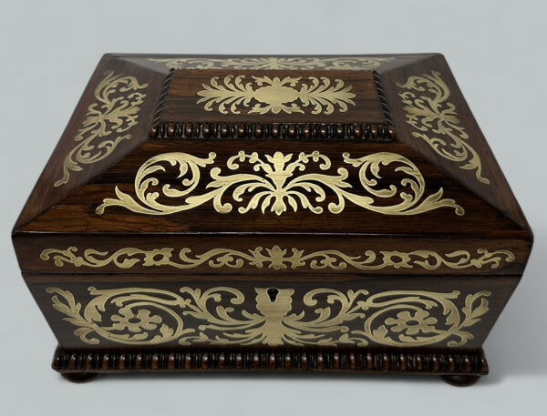 104. Antique Brass Inlaid Rosewood English Jewelry Sewing Casket Gillows Lancaster
