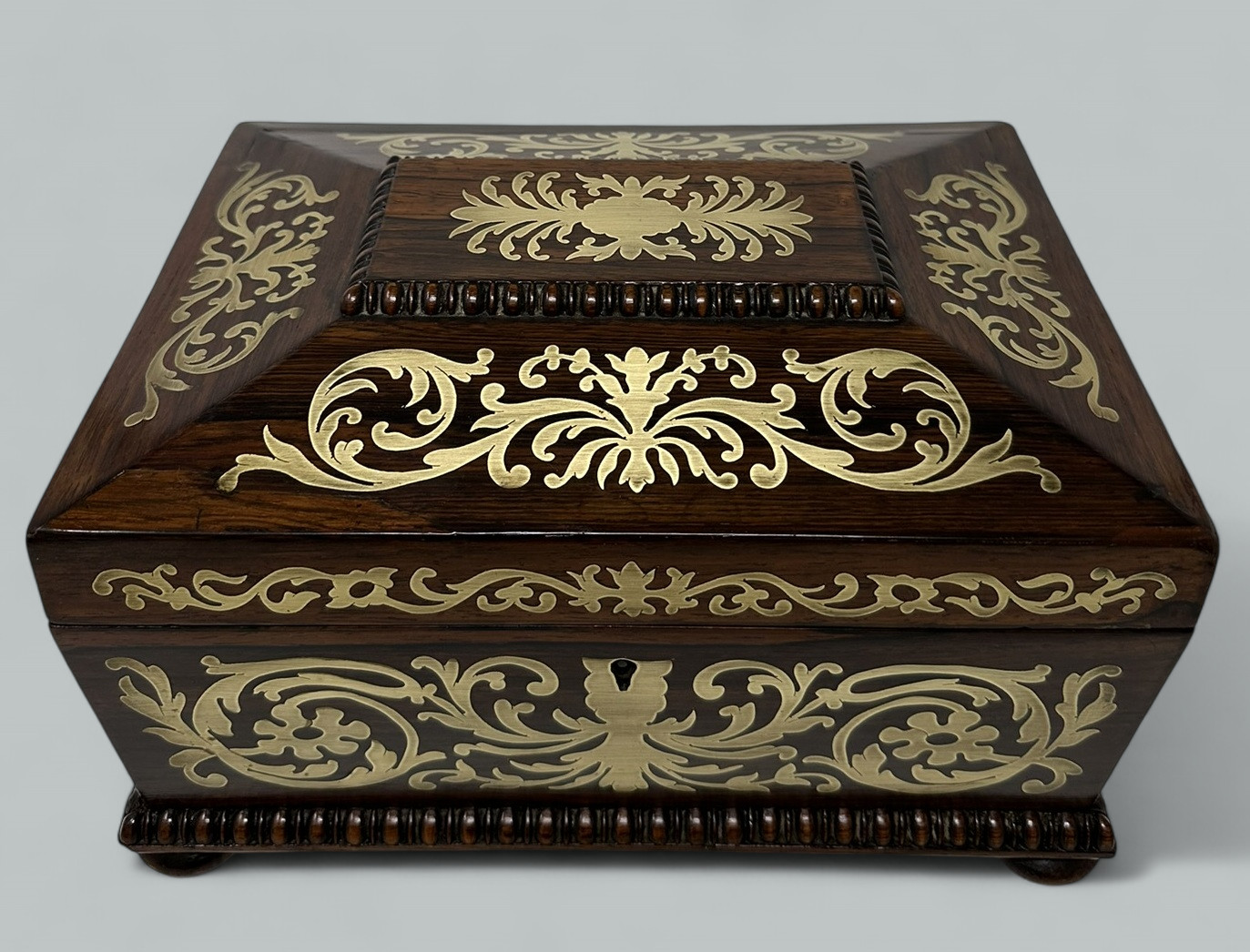 104. Antique Brass Inlaid Rosewood English Jewelry Sewing Casket Gillows Lancaster