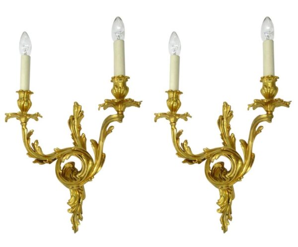346. Antique Pair of Ormolu Gilt Bronze Twin Light Wall Candle Sconces Appliques 19Ct