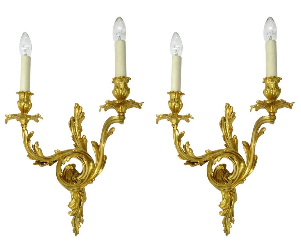 346. Antique Pair of Ormolu Gilt Bronze Twin Light Wall Candle Sconces Appliques 19Ct
