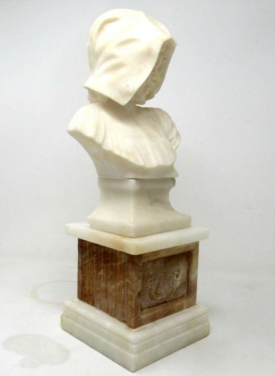 109. Antique Alabaster Bust Figure Wearing Bonnet Classical Scene French Italian 19Ct - Image 5