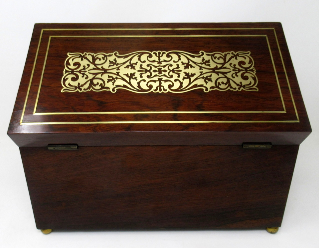 967. Antique Brass Inlaid English Regency Mahogany Double Tea Caddy Box 19th Century - Image 5