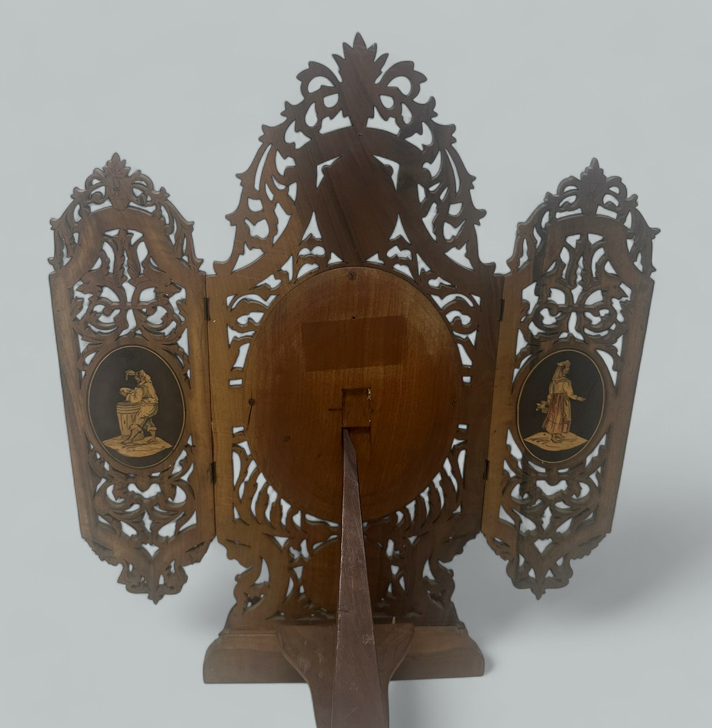 950. Antique Italian Triptych Sorrento Ware Walnut Crutch Oval Folding Mirror 19th Ct - Image 9