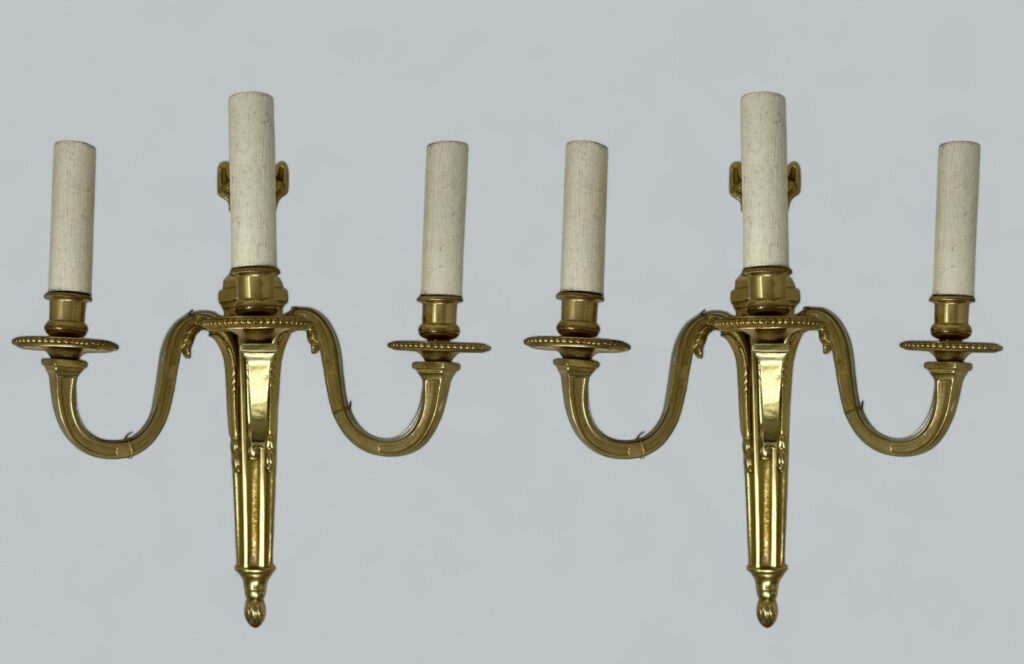 496. Antique Pair Ormolu Gilt Bronze Treble Light Wall Electric Sconces Appliques 19C