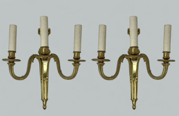 496. Antique Pair Ormolu Gilt Bronze Treble Light Wall Electric Sconces Appliques 19C