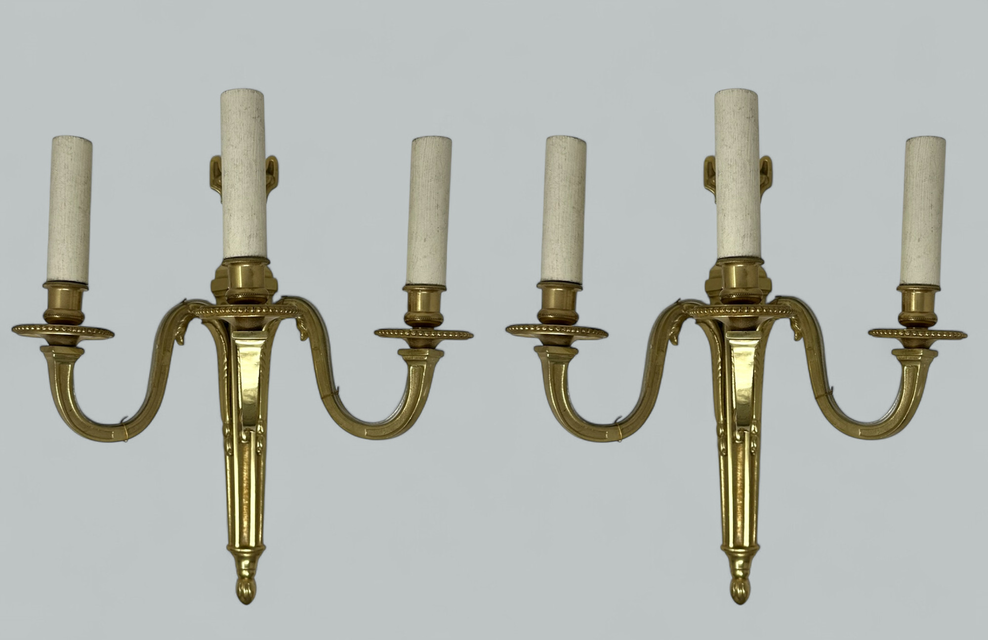 496. Antique Pair Ormolu Gilt Bronze Treble Light Wall Electric Sconces Appliques 19C