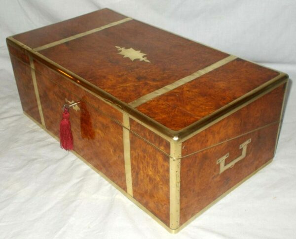 838. Antique Regency Brass Burl Walnut Traveling Desk Wooden Writing Slope Box 19ct