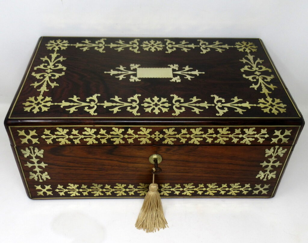 169. Antique Regency Brass Inlaid Mahogany Traveling Desk Wooden Writing Slope Box