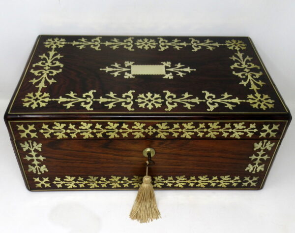 169. Antique Regency Brass Inlaid Mahogany Traveling Desk Wooden Writing Slope Box