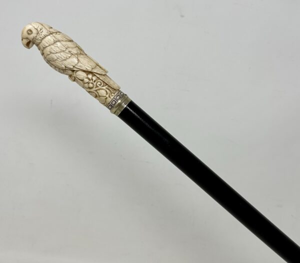 746. Antique Victorian Vintage Wooden Walking Stick Cane Sterling Silver Carved Bird