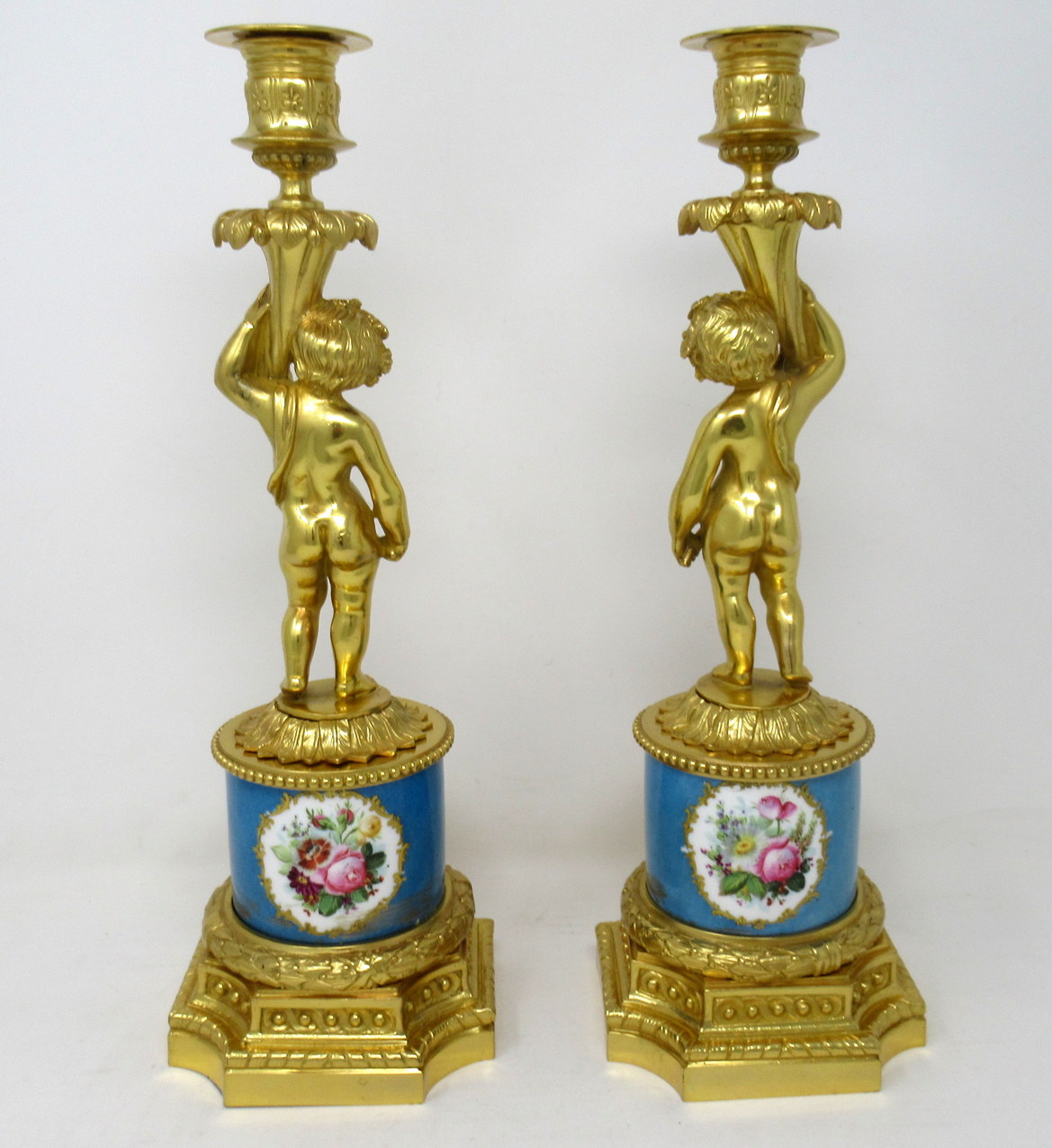549. Antique Pair French Ormolu Sevres Porcelain Gilt Bronze Cherub Candlesticks 19th Century - Image 4