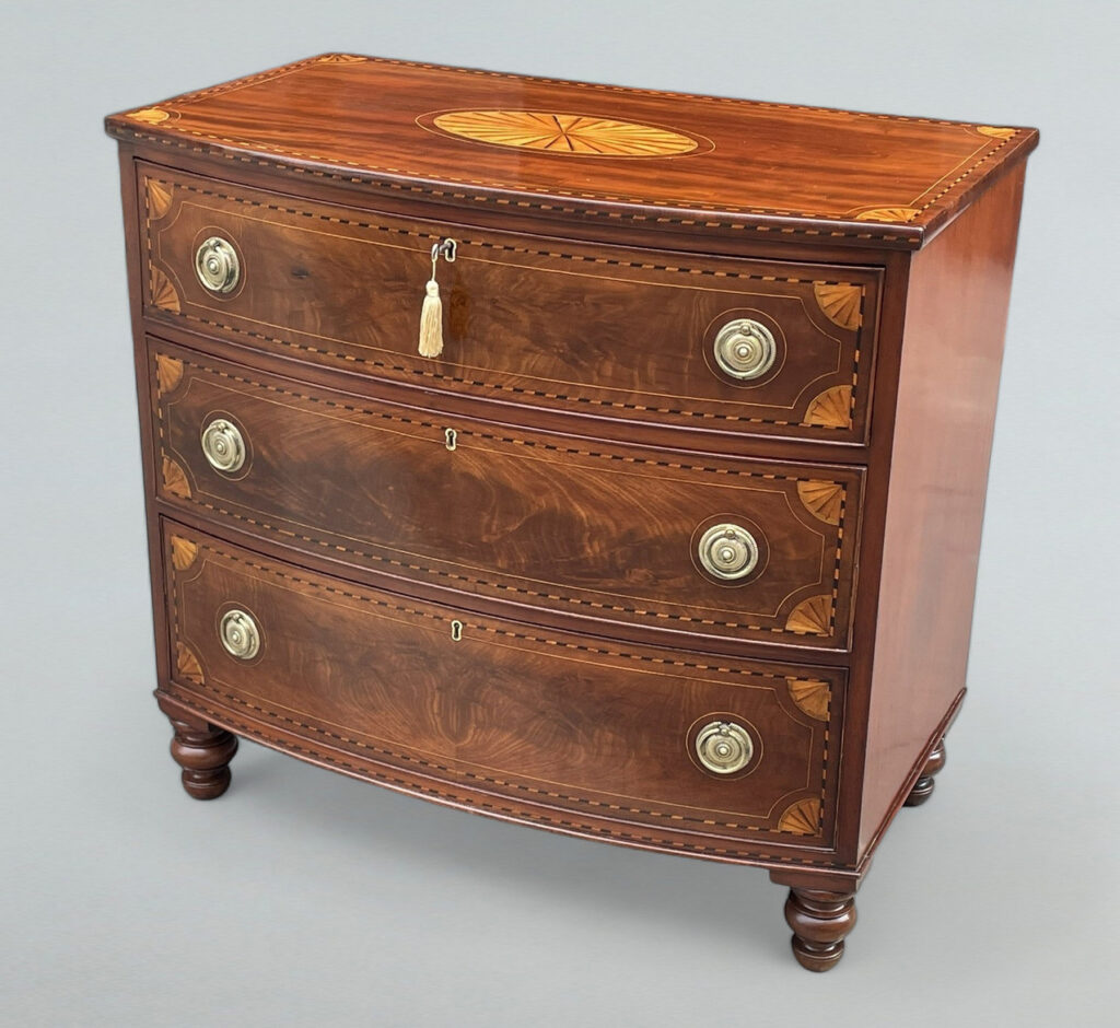 627. Georgian Mahogany Satinwood Bow Front Chest Drawers Sheraton Period 18th Century