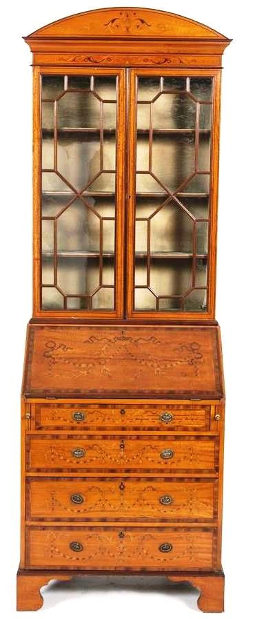 867. Fine Early Edwardian Satinwood Inlaid Bureau Bookcase in Sheraton Taste