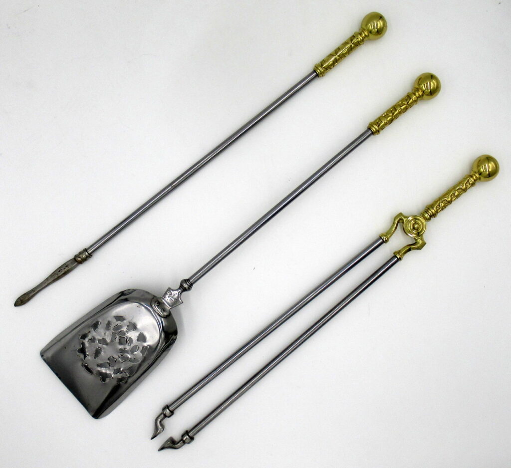 449. Set English Victorian Steel Brass Fireplace Fire Tools Irons Companion 19th Ct