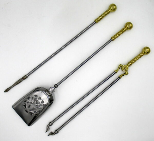 449. Set English Victorian Steel Brass Fireplace Fire Tools Irons Companion 19th Ct