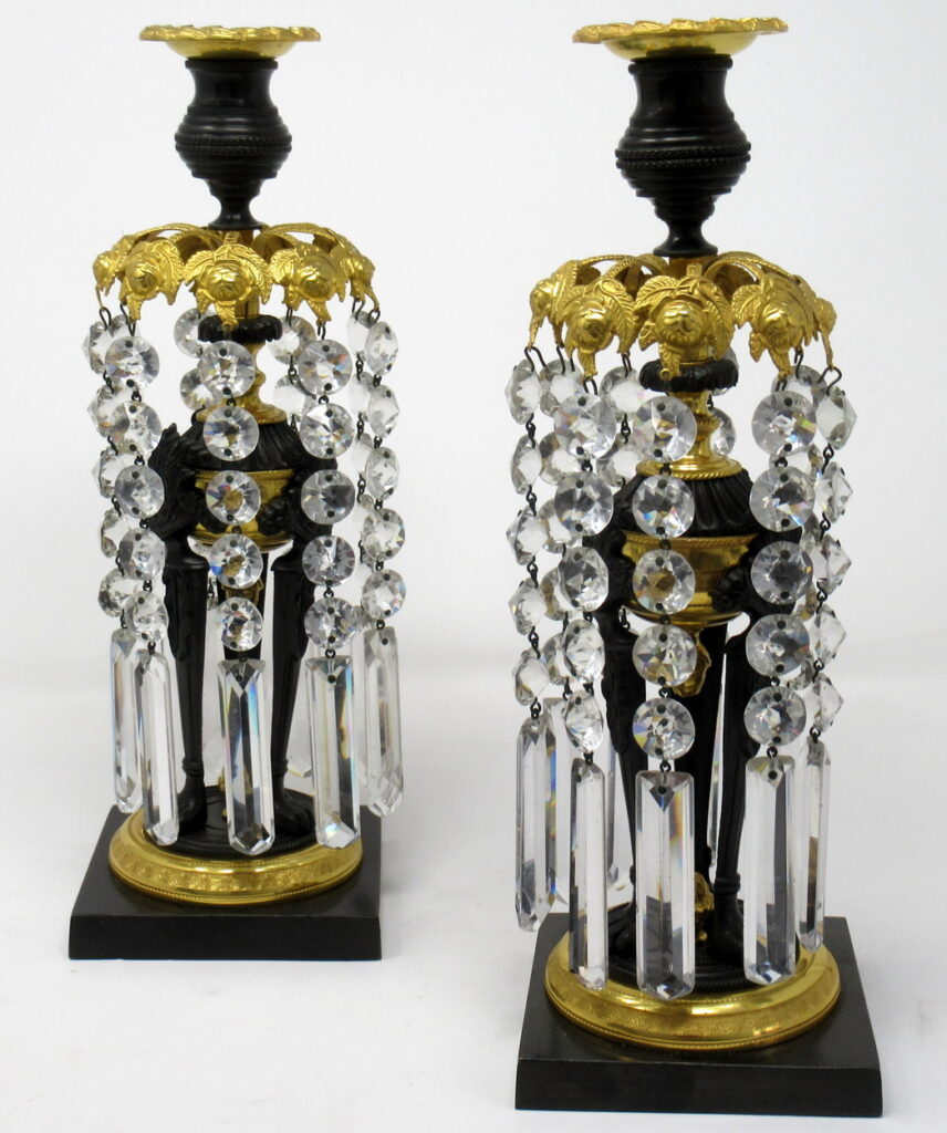932. Fine Pair English Regency Ormolu Bronze Candlesticks Lustres. Circa 1815