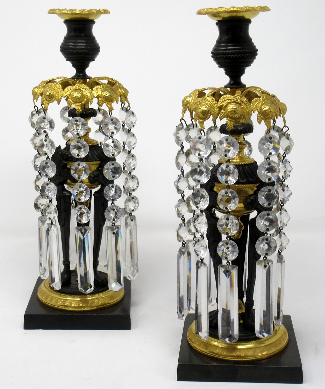 932. Fine Pair English Regency Ormolu Bronze Candlesticks Lustres. Circa 1815