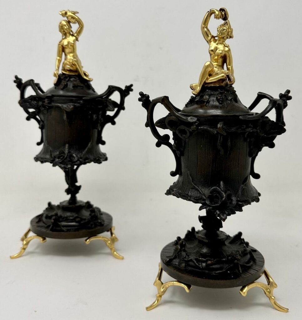 581. Antique Pair French Regency Grand Tour Ormolu Bronze Urns Vases Centerpieces 19Ct