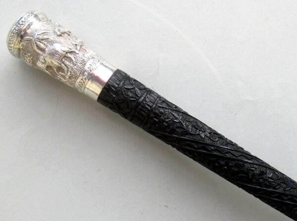 906. Rare Anglo Indian Carved Ebony Walking Stick Superb