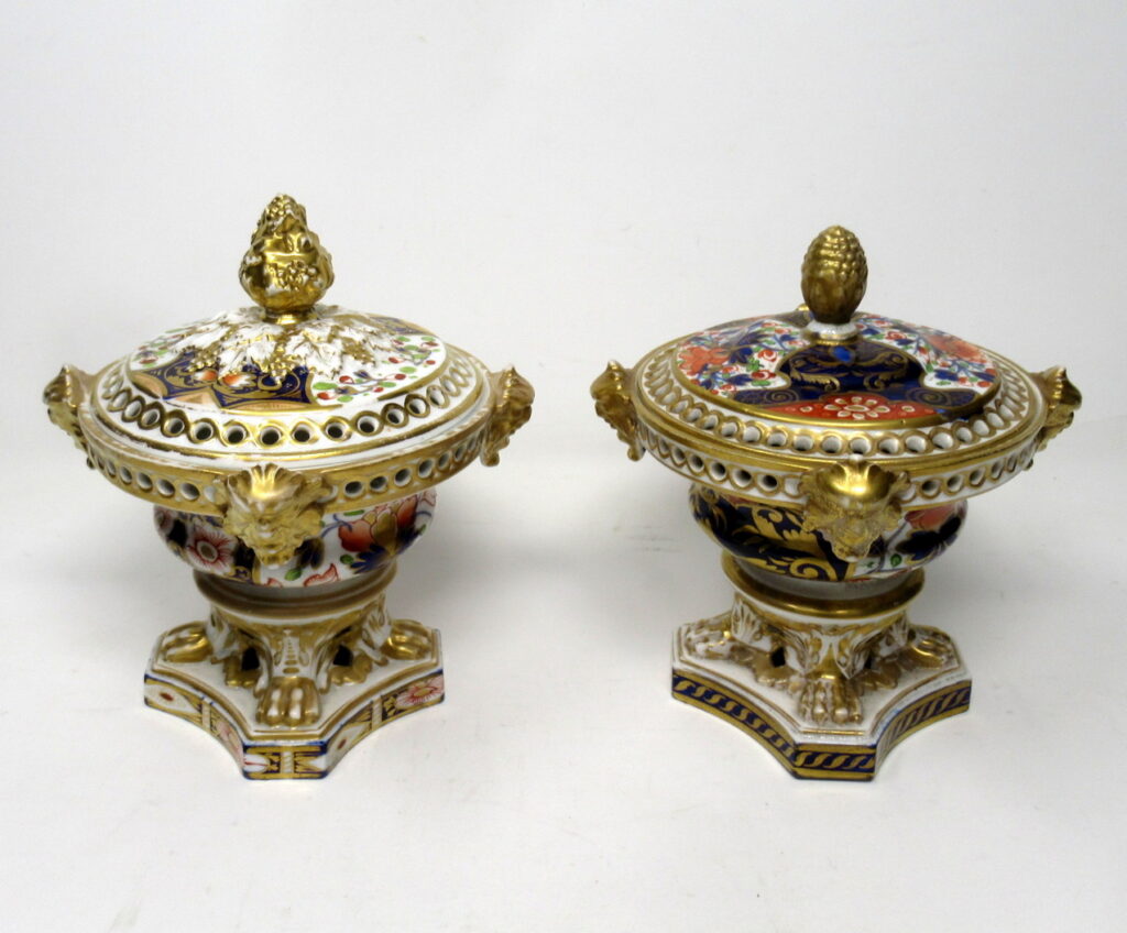 934. Rare Pair Royal Crown Derby Cobalt Gilt Potpourri Urns 1815