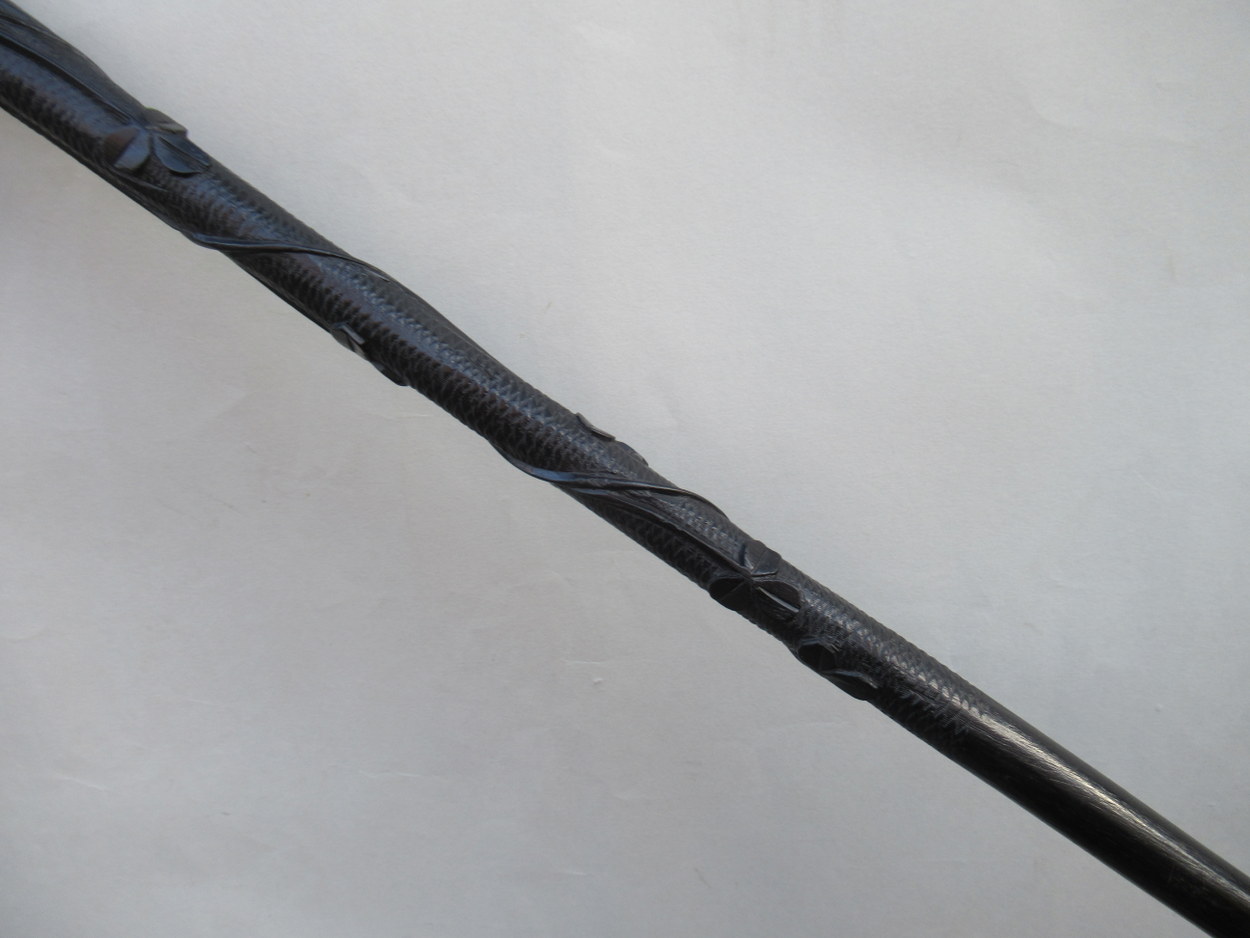 921. Fine Hand Carved Irish Bog Oak Walking Stick Silver Collar Hallmark 1900 - Image 7