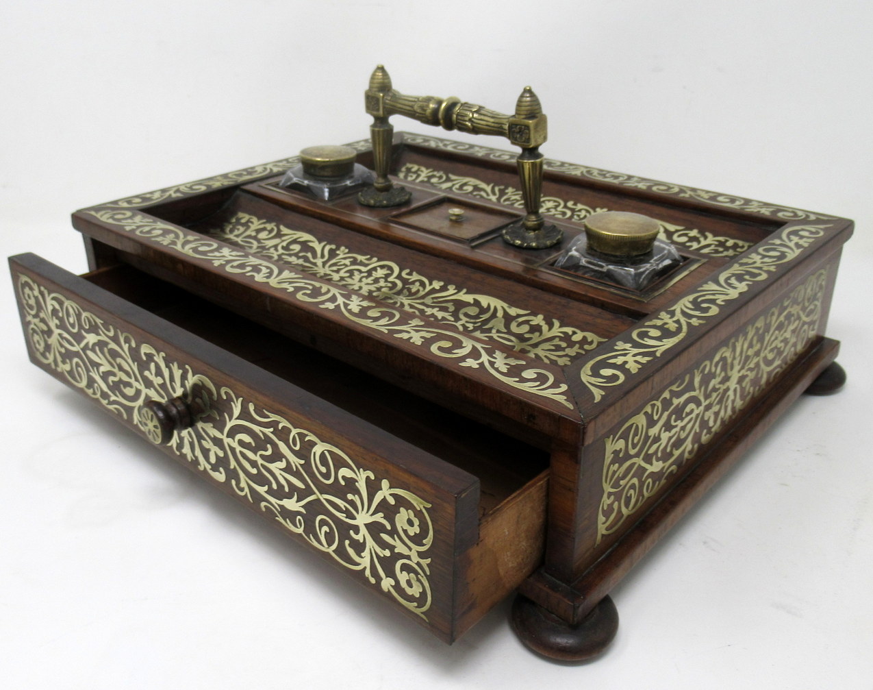 166. Antique Grand Tour Mahogany Brass Inlaid Desk Set Inkstand English Regency 19Ct - Image 6