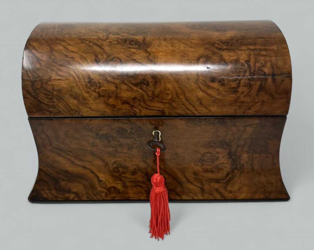 430. SOLD. Antique English Burl Burr Walnut Wooden Victorian Double Tea Caddy 19th Century
