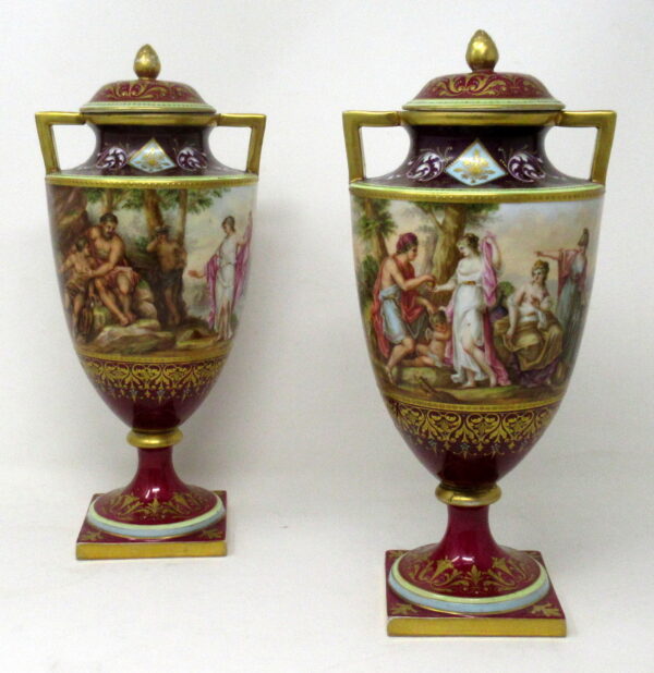 933. Antique Pair Austrian Royal Vienna Mythological Hand Painted Vases Urns A Heer