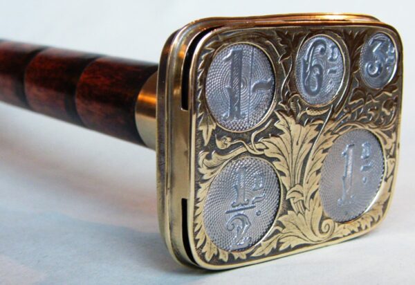910. Rare Bamboo Walking Stick Brass Coin Holder 19th Ct
