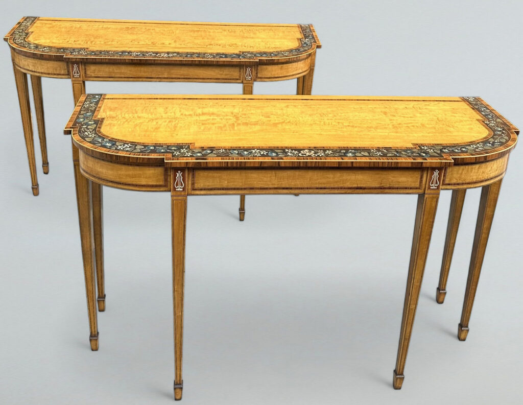 597. SOLD. Antique Pair English Console Side Demilune Painted Satinwood Tables after Seddon