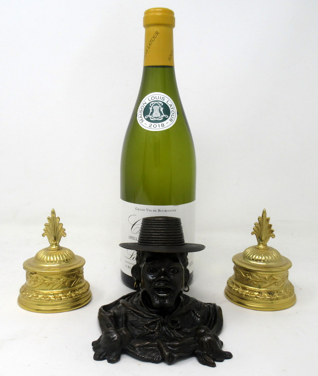 672. Antique Chinese Japanese Bronze Inkwell Male Bust Pair French Ormolu Desk Set - Image 3