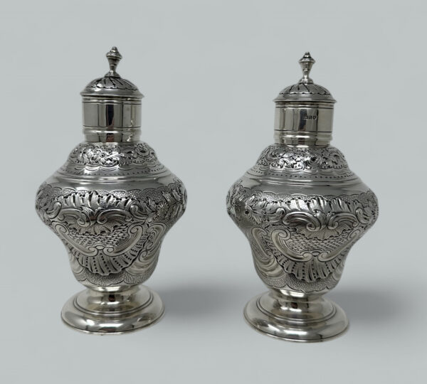 344. Antique Pair Georgian Style Sterling Silver Tea Caddies Caddy Harris and Sons 1909