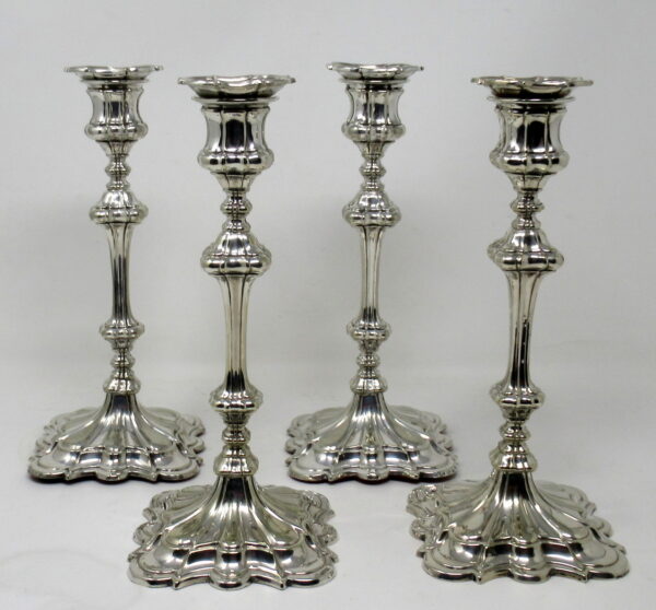 358. Antique Set Four English Sterling Silverplated Candlesticks Elkington Co 1854