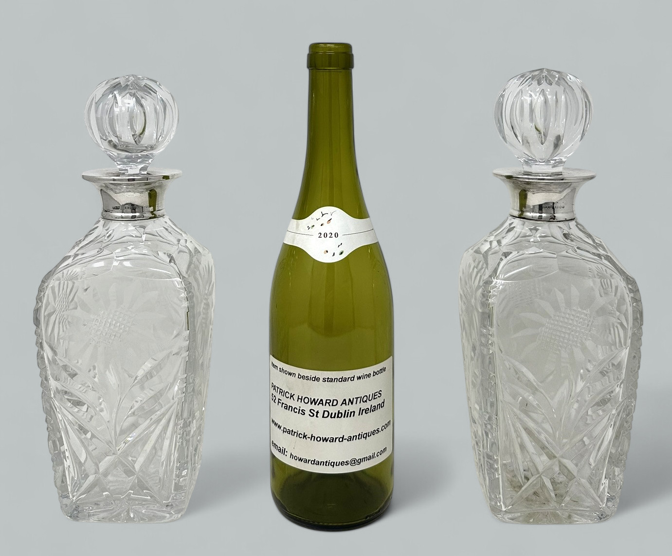 616. Pair Mid Century Full Lead Crystal Sterling Silver Spirits Wine Decanters, 1966 - Image 9
