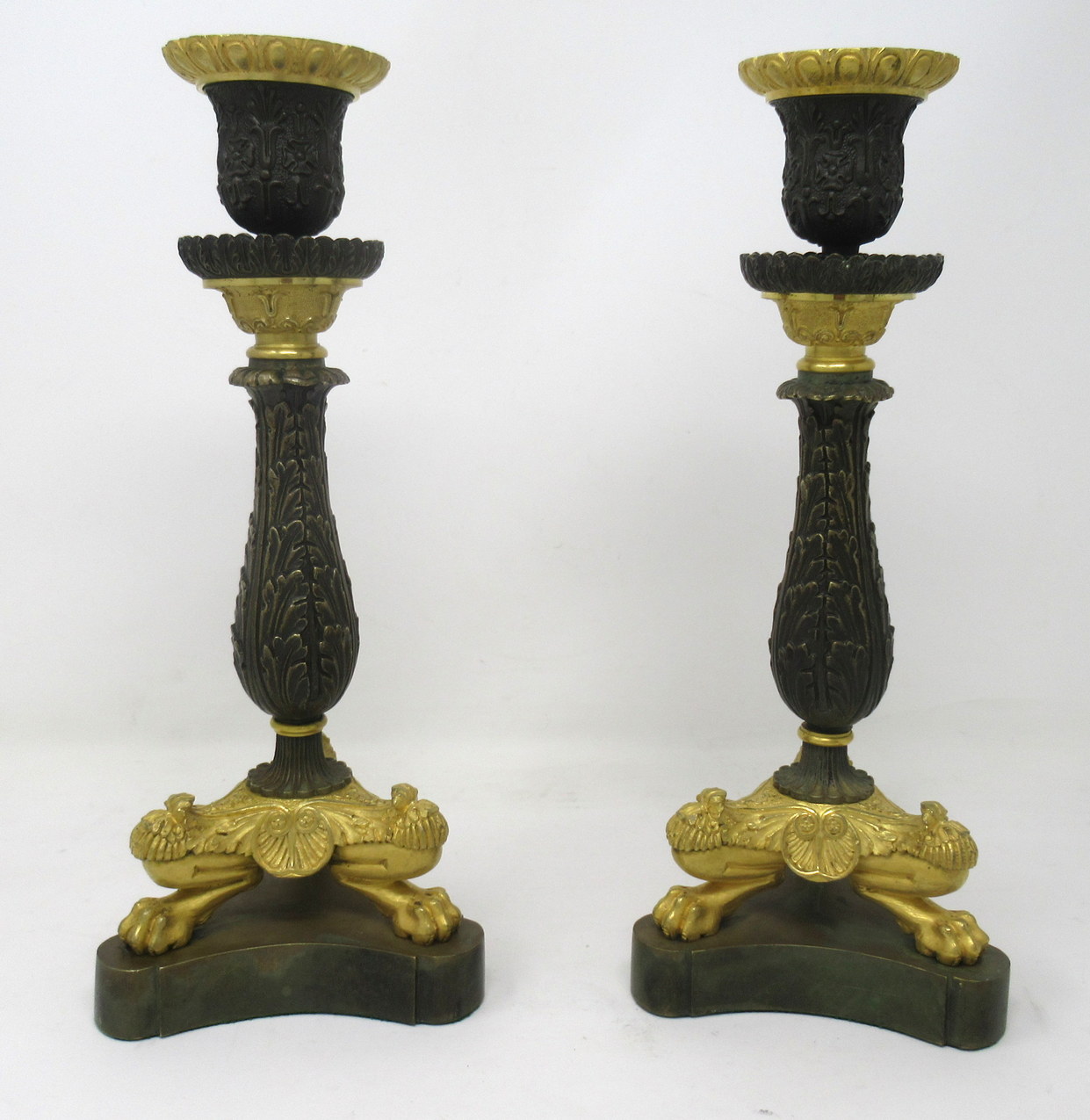 425. Pair of Ormolu Patinated Gilt Bronze Acanthus Empire-Style Candlesticks 19th Ct - Image 2