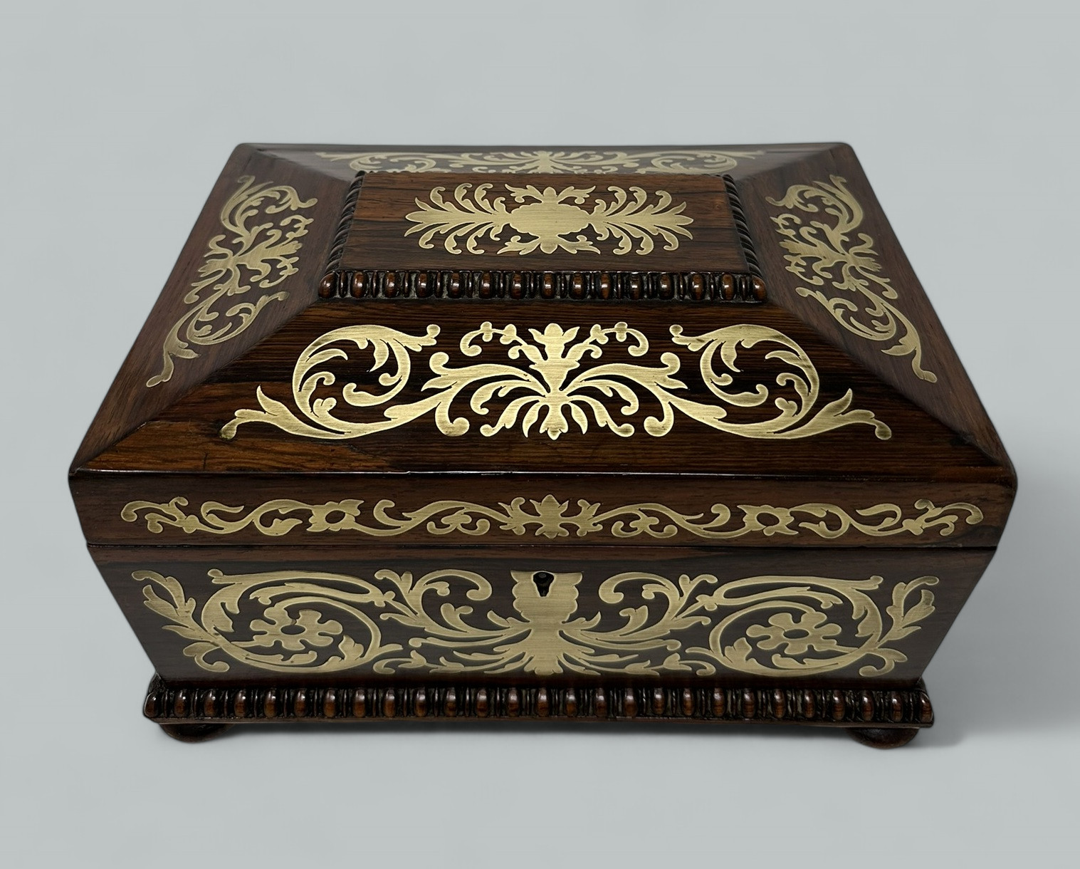 104. Antique Brass Inlaid Rosewood English Jewelry Sewing Casket Gillows Lancaster - Image 2