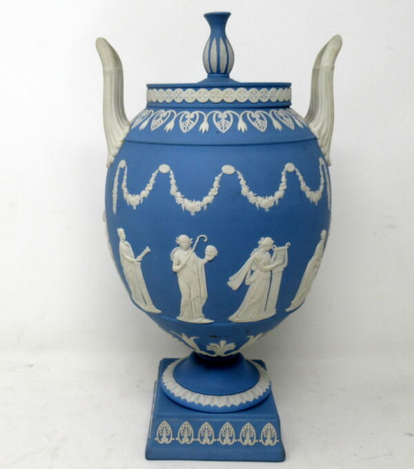 747. Antique Blue Wedgwood Jasperware Ceramic Urn Vase after John Flaxman Cherubs