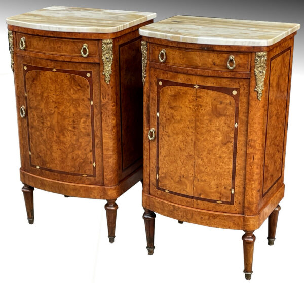 872. Antique French Ormolu Marble Top Burl Walnut Bedside Cabinets Locker Nightstands