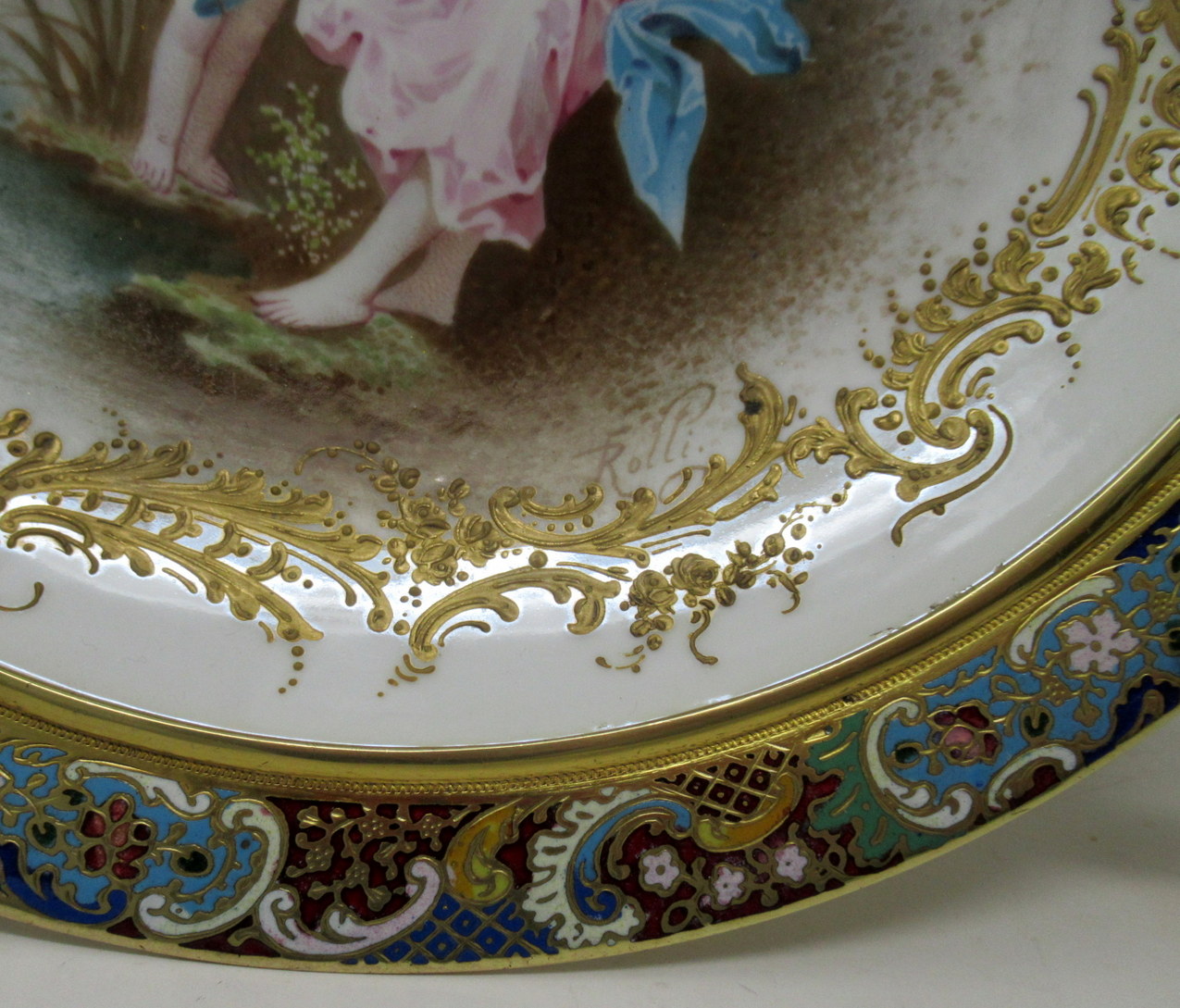 124. Antique French Sevres Ormolu Gilt Bronze Dore Champlevé Porcelain Tazza Plate - Image 8