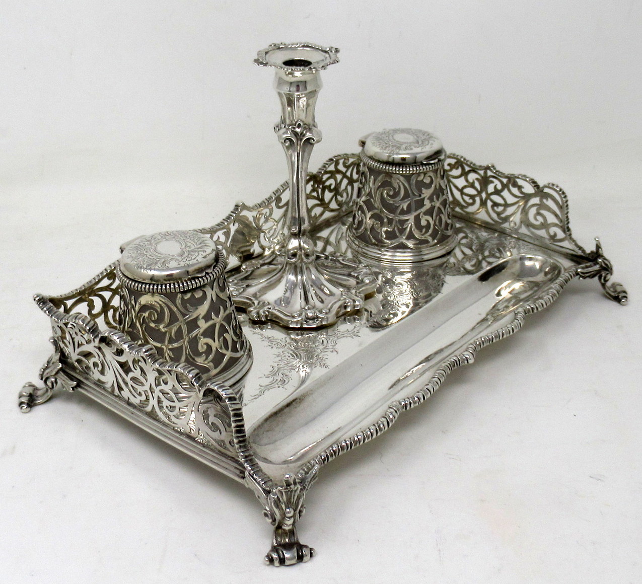 973. Antique Georgian English Sterling Silver Desk Inkstand Charles Thomas Fox 1853 - Image 9