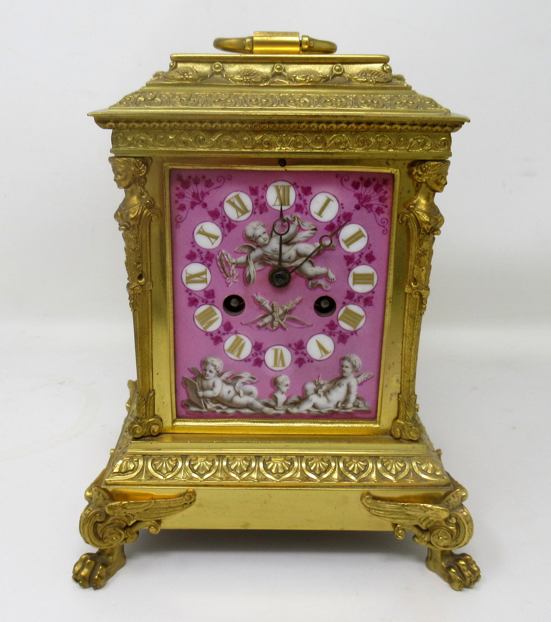 351. French Ormolu Bronze Sèvres Pompadour Pink Porcelain Mantle Carriage Clock 19Ct - Image 3