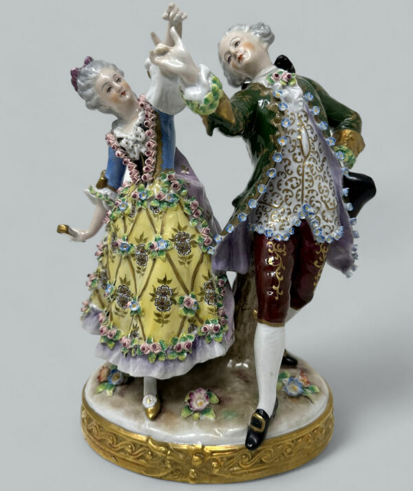717. Antique Sitzendorf German Porcelain China Dancing Male Female Figure Group 19Ct