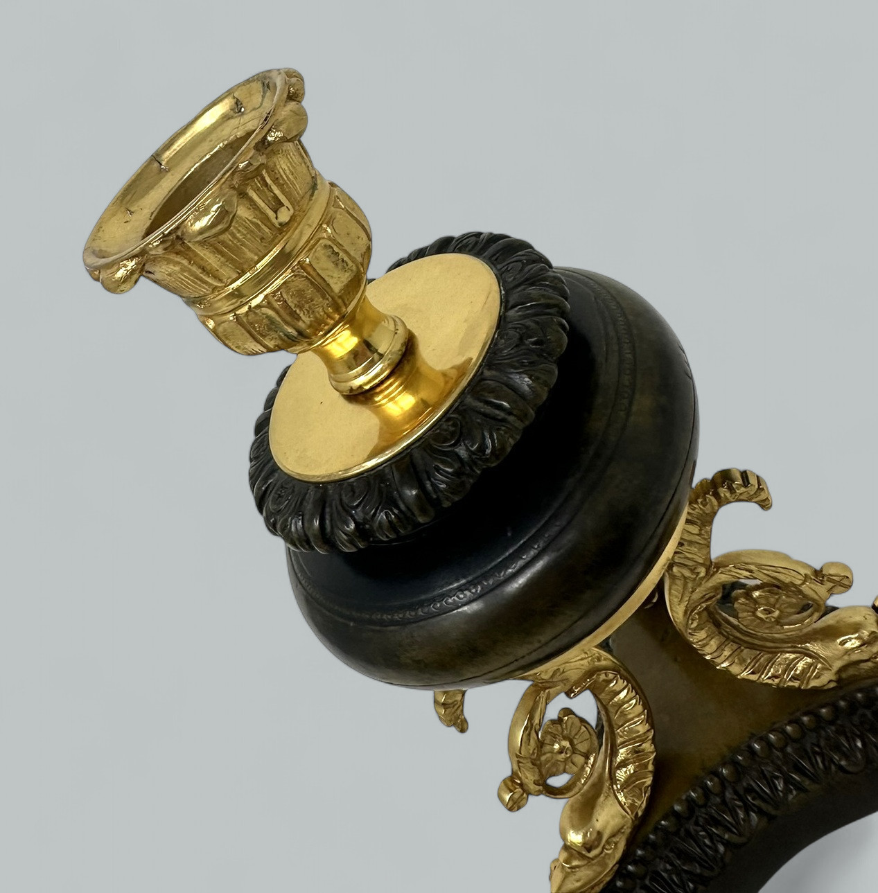 919. Antique Pair French Ormolu Gilt Bronze Dore Empire Candlesticks with Dolphins - Image 7