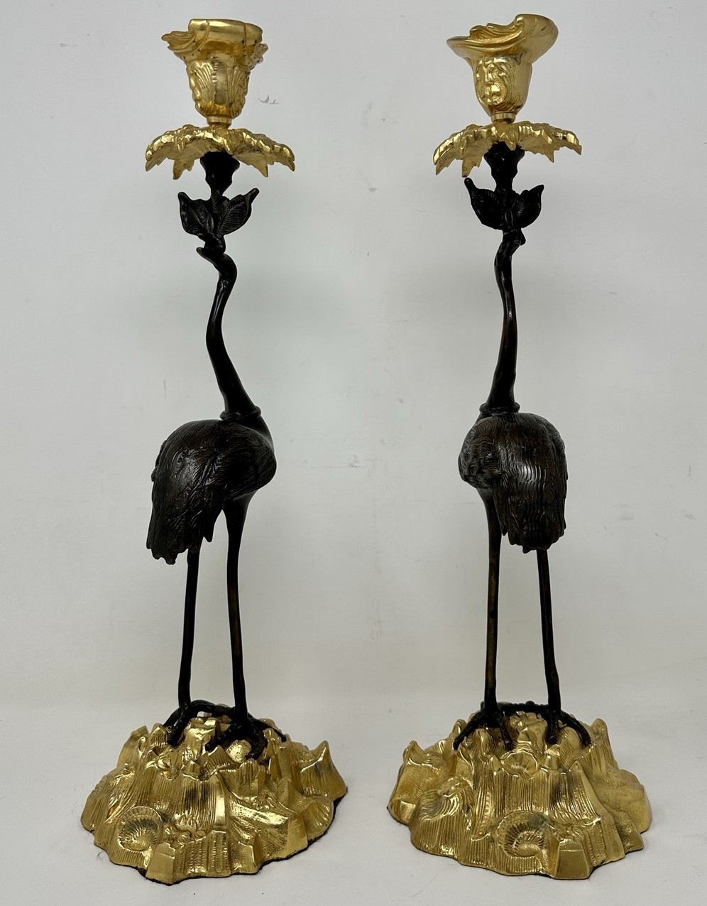 473. Pair English Ormolu Gilt Bronze Candlesticks Storks Cranes Attributed to Abbott - Image 4