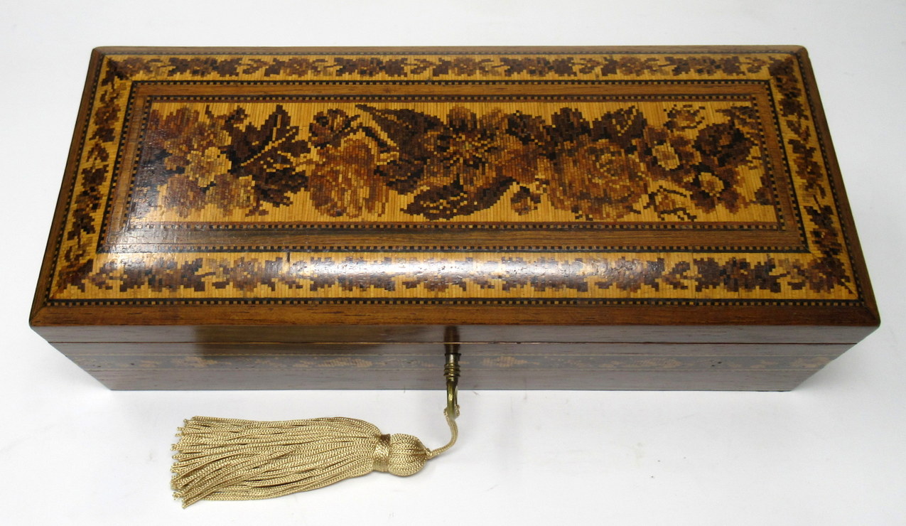 376. Fine Tunbridge Ware Rosewood Micro Mosiac Victorian Glove Box by Edmund Nye 19thCt - Image 3